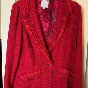St. John Red Blazer with Fringe Trim and Textured Fabric